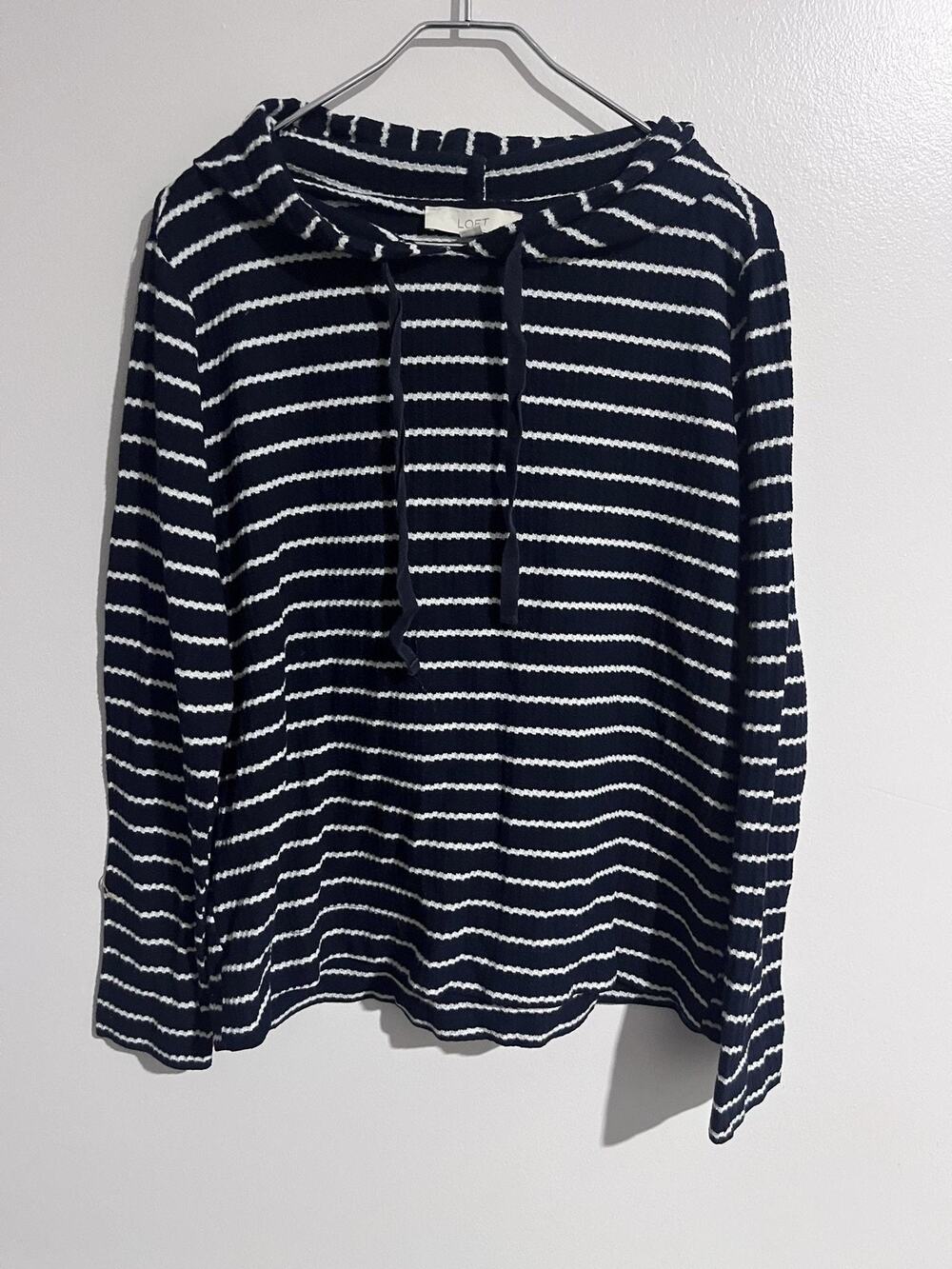 LOFT Sweater Womens L Blue Striped Waffle-Knit Hooded Crew Neck Lightweight
